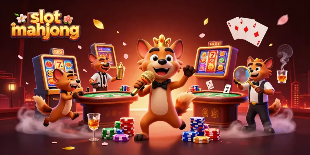 Slot mahjong menghidupkan suasana kasino dengan karakter hyena yang lucu dan ramai.