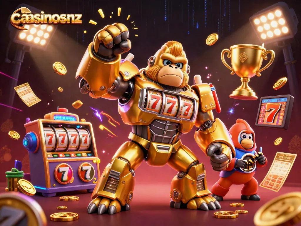 Experience the thrill of casinosnz with a dynamic 3D cartoon scene featuring bustling slot machines and vibrant game elements.