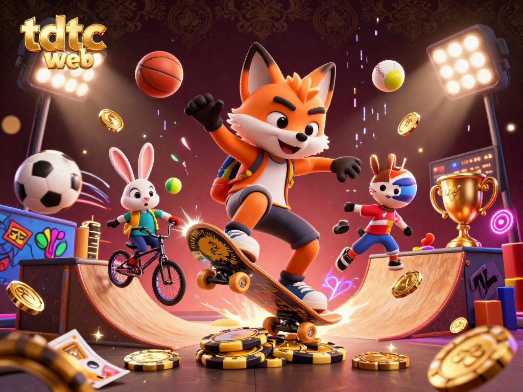 Engage with the vibrant tdtc web experience featuring a skateboarder fox and BMX rabbit in a dynamic casino-themed scene.
