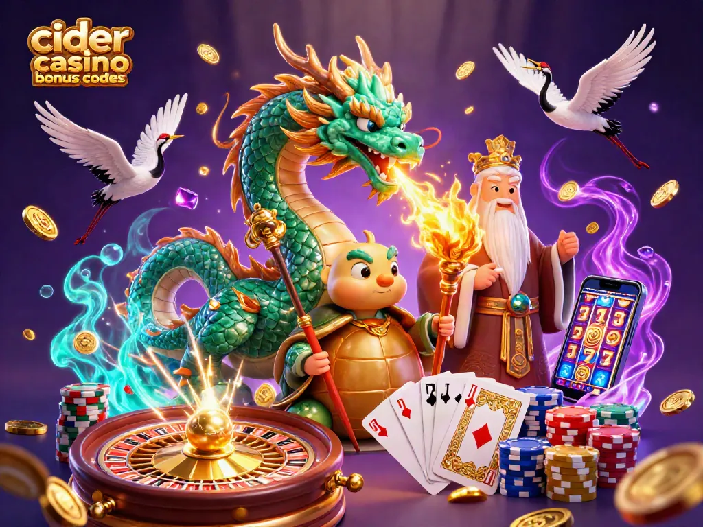 Win big with cider casino bonus codes in this dynamic 3D casino scene featuring lucky symbols.