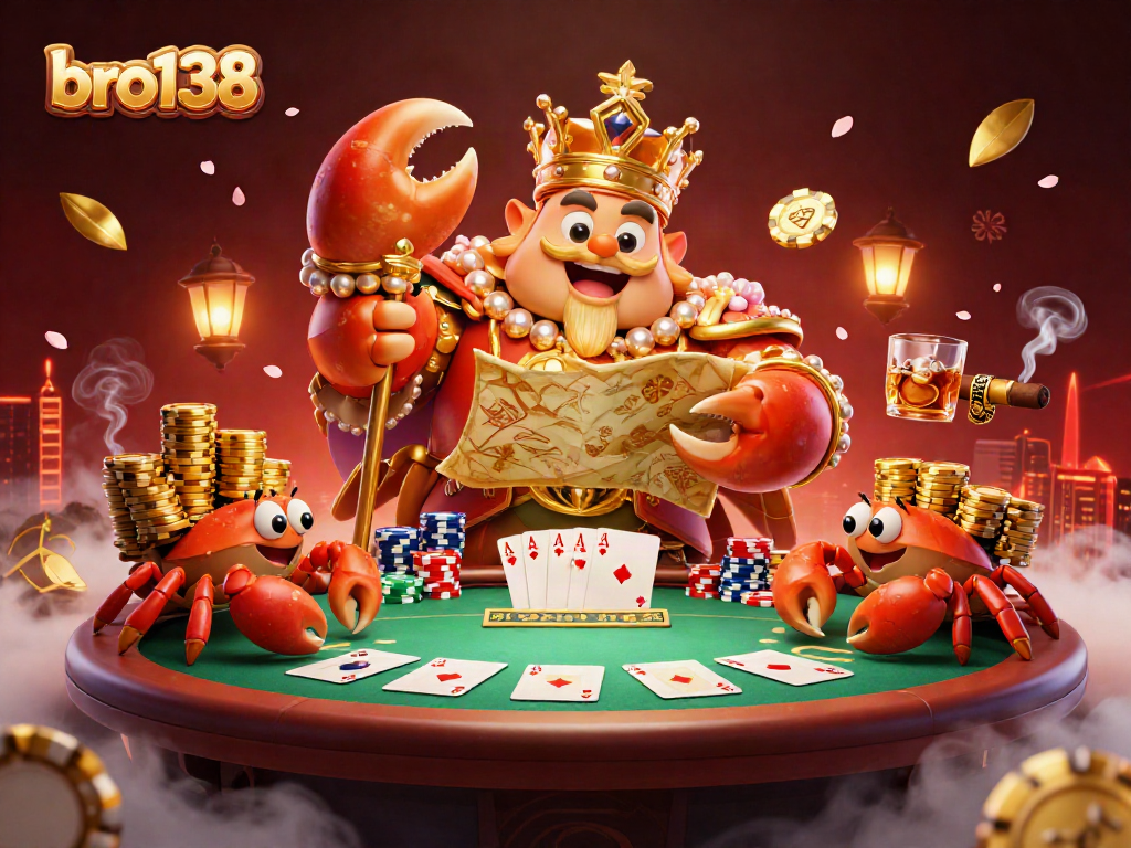Experience the excitement of bro138 with a golden crab emperor amidst casino action and vibrant poker elements.