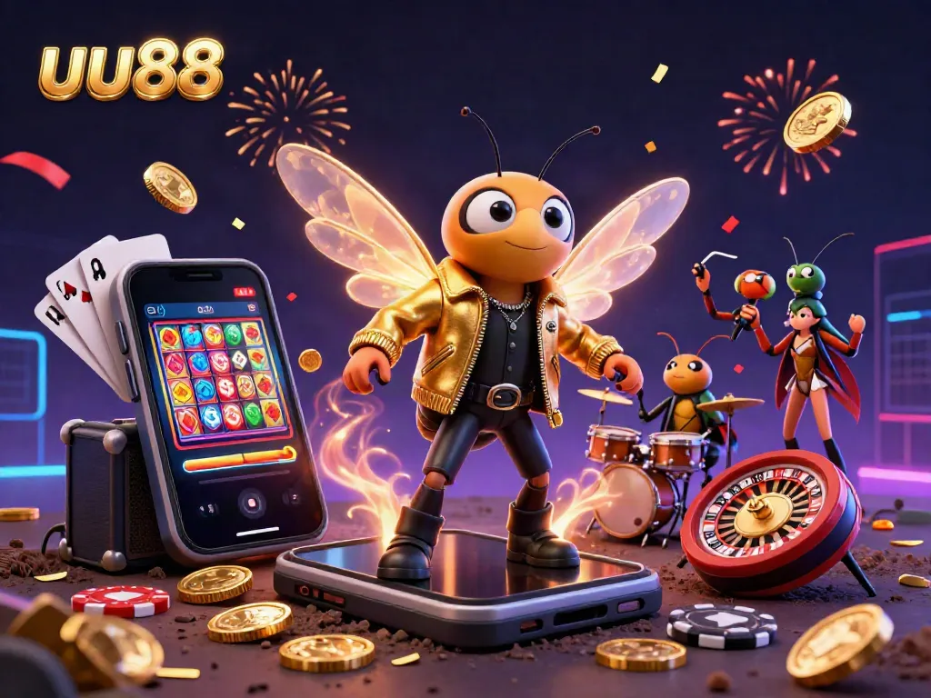 Witness the lively uu88 scene with a rock star cicada and casino elements in vibrant 3D.