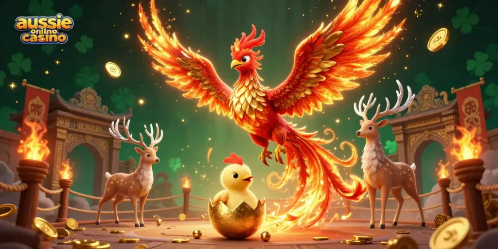 Experience the magic of the aussie online casino with a vibrant phoenix illustration, symbolizing exciting real money gaming.