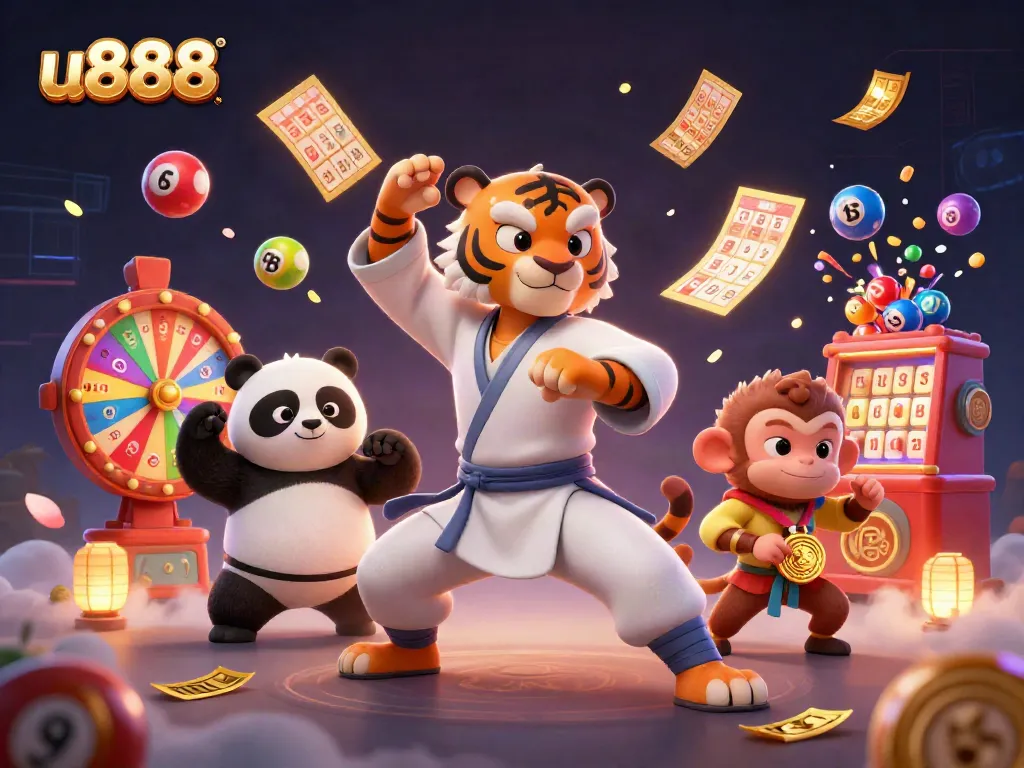 Experience the excitement of U888 with a kung fu tiger and vibrant lottery elements in a dynamic gambling scene.