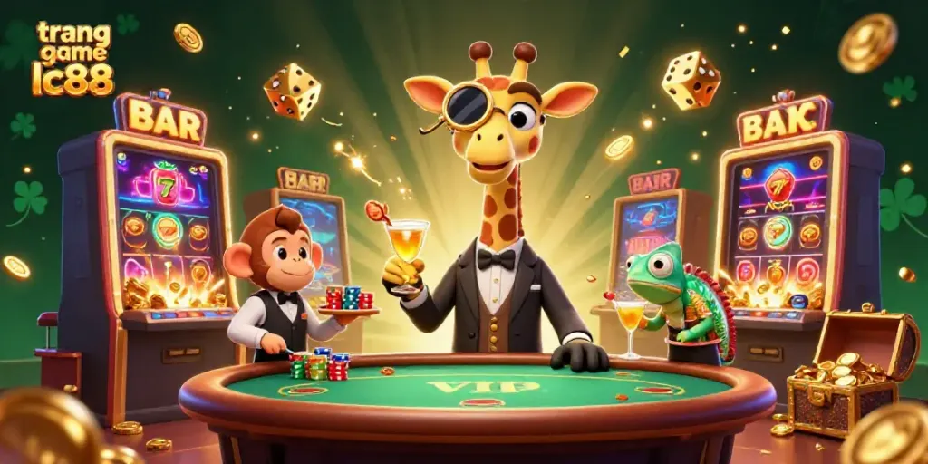 Experience the excitement at trang game lc88 with a lively casino scene featuring a giraffe, monkey, and chameleon.