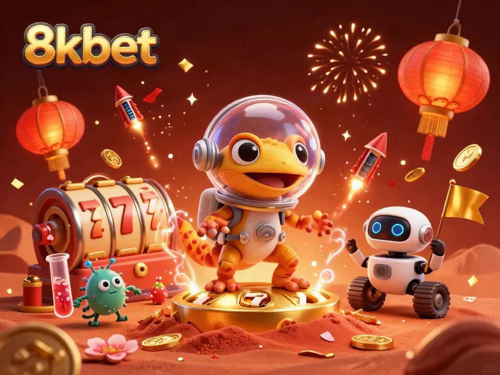 Experience excitement at 8xbet with a vibrant casino scene featuring a Martian gecko and festive elements.