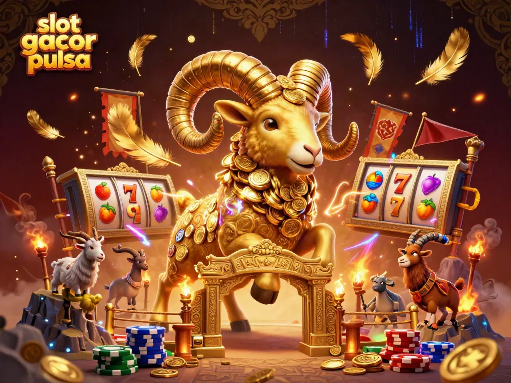 Engage in slot gacor pulsa with a thrilling scene of a golden ram charging through a vibrant casino setting filled with cheering spectators and dynamic slot elements.