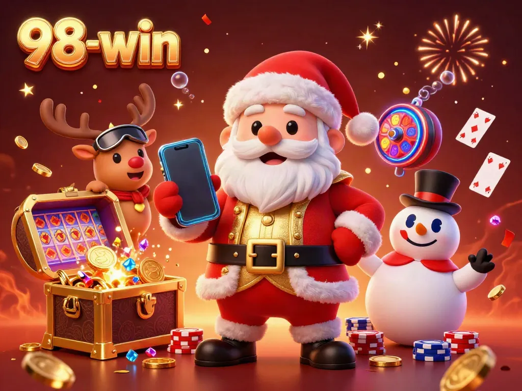 Experience the thrill of winning at 98-win with Santa, reindeer, and snowman in a festive casino scene.