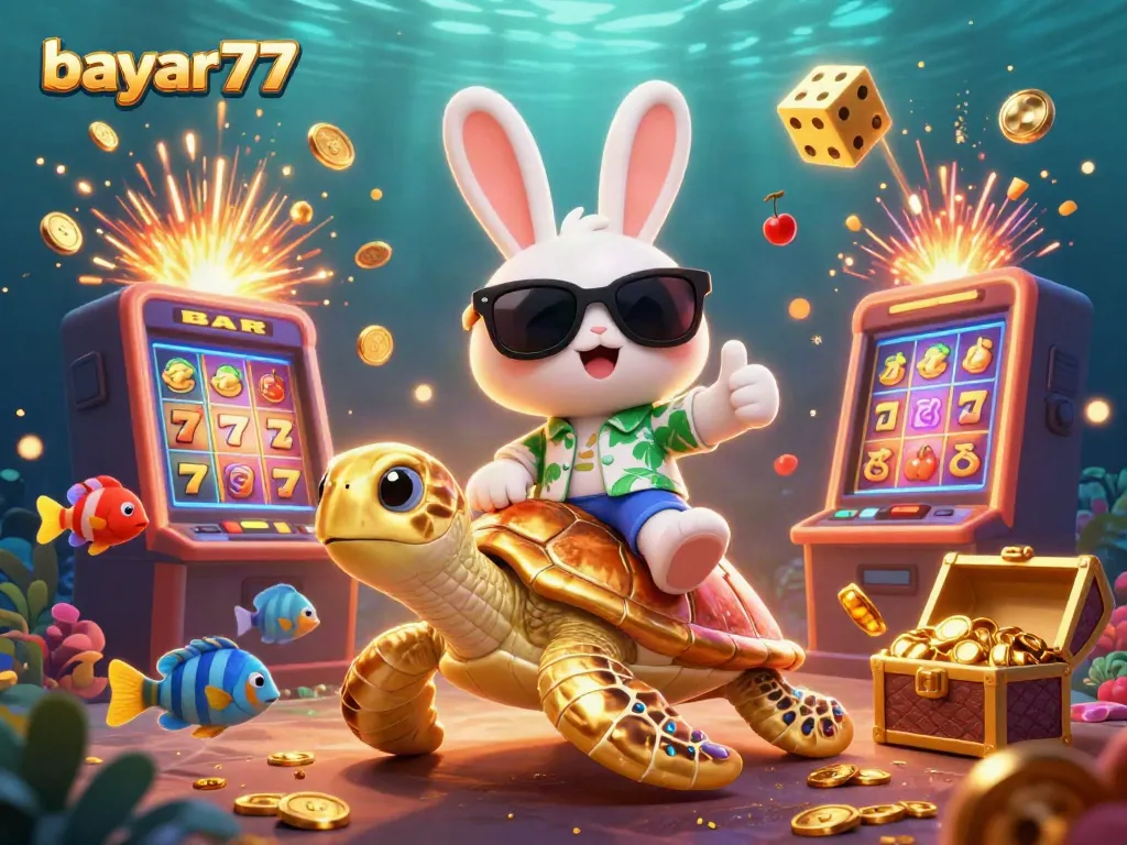 Experience excitement with bayar77 in this vibrant casino scene featuring a lucky rabbit and sea turtle.