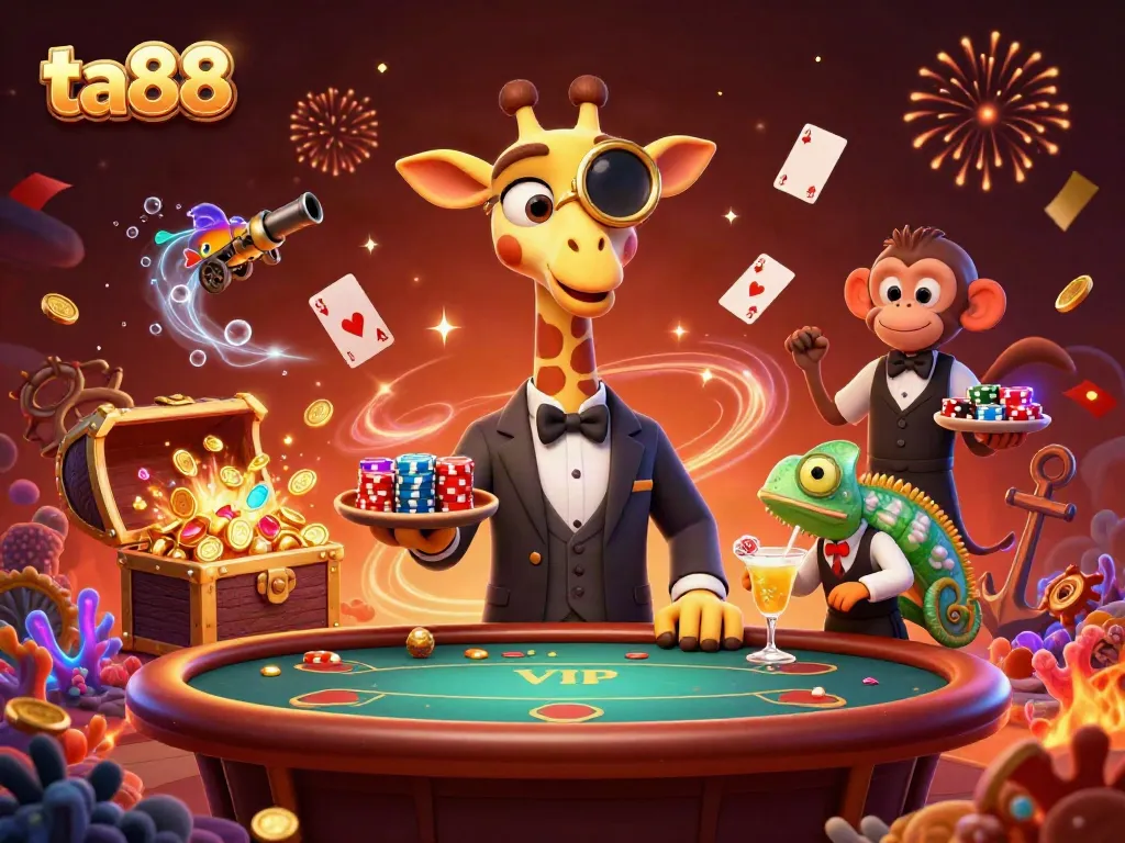Join the fun at ta88 with a playful giraffe, monkey, and chameleon in a vibrant casino scene!