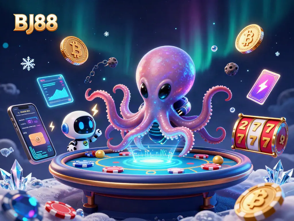 Engage with BJ88 in an exciting galaxy-inspired casino scene featuring an alien octopus and holographic gaming.
