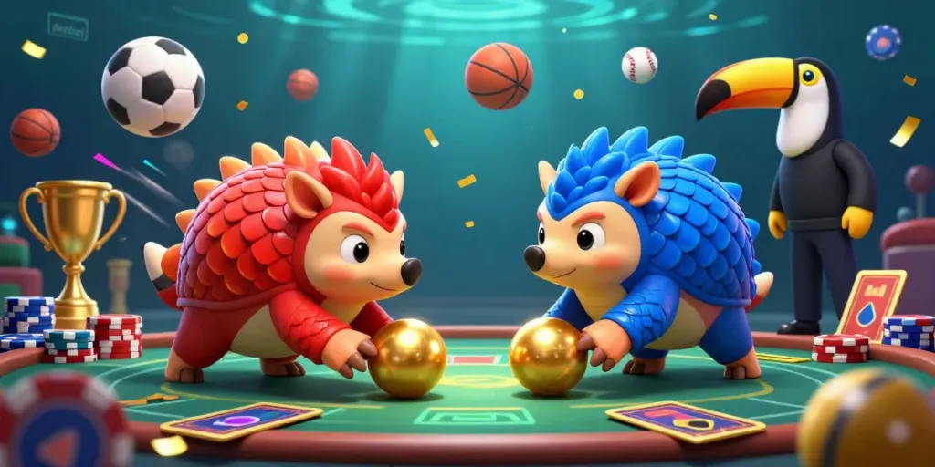 Competitive pangolins roll golden balls in a vibrant casino scene for parsbet.