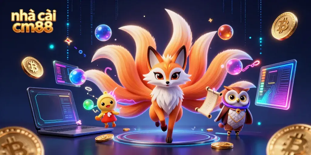 Engage with nhà cái cm88 through vibrant gaming experiences with mystical characters and crypto elements in this 3D rendering.