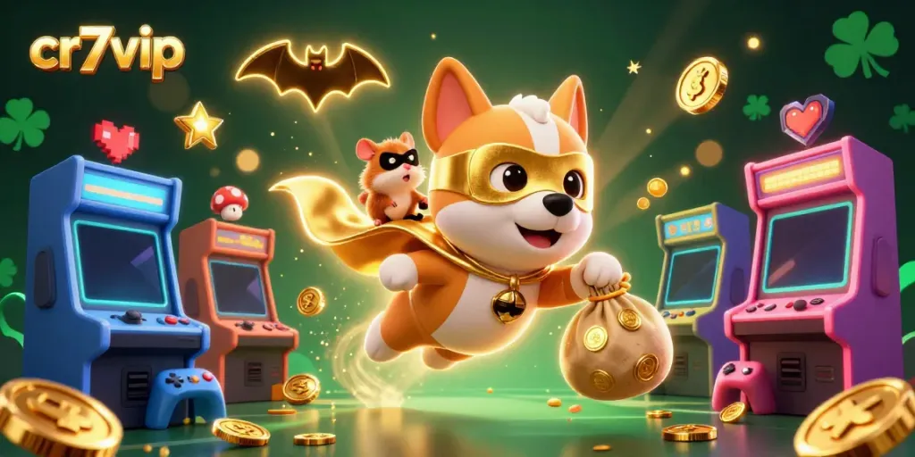 Gambar cr7vip yang menggambarkan anjing superhero 3D terbang membawa koin emas dengan latar belakang kasino.