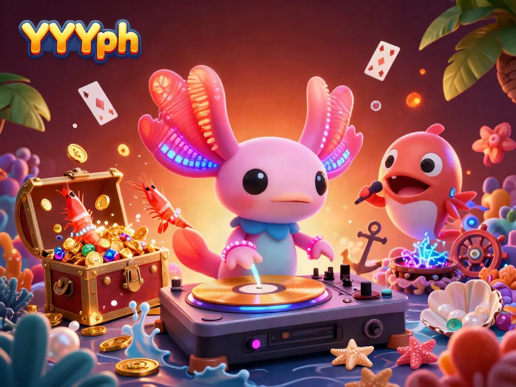 Join the fun at YYYph with vibrant underwater casino adventures featuring a DJ axolotl.