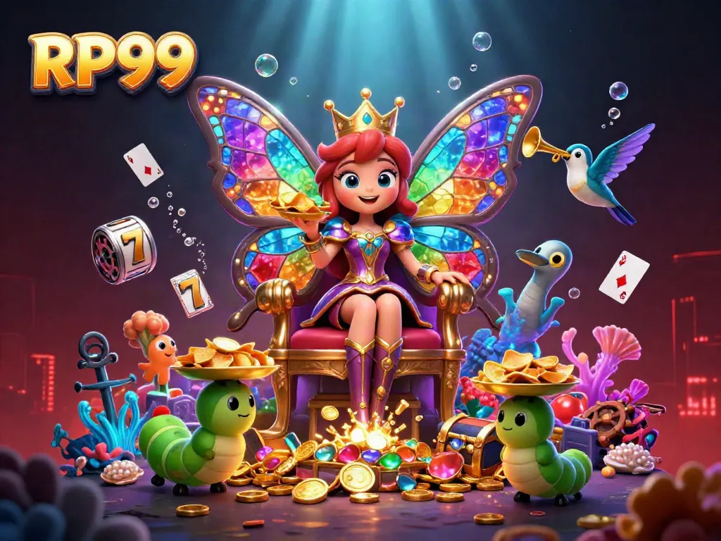 Experience thrilling slots action with RP99's vibrant casino-themed illustration featuring a butterfly queen.