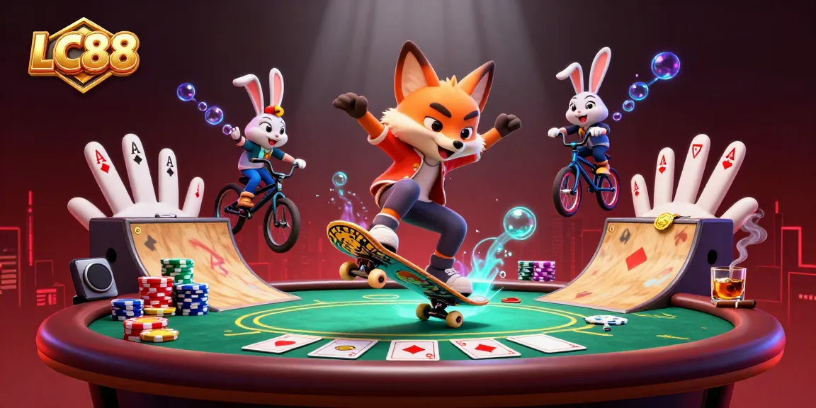 Engaging LC88 illustration showcasing a dynamic casino scene with a skateboard fox and BMX rabbit.