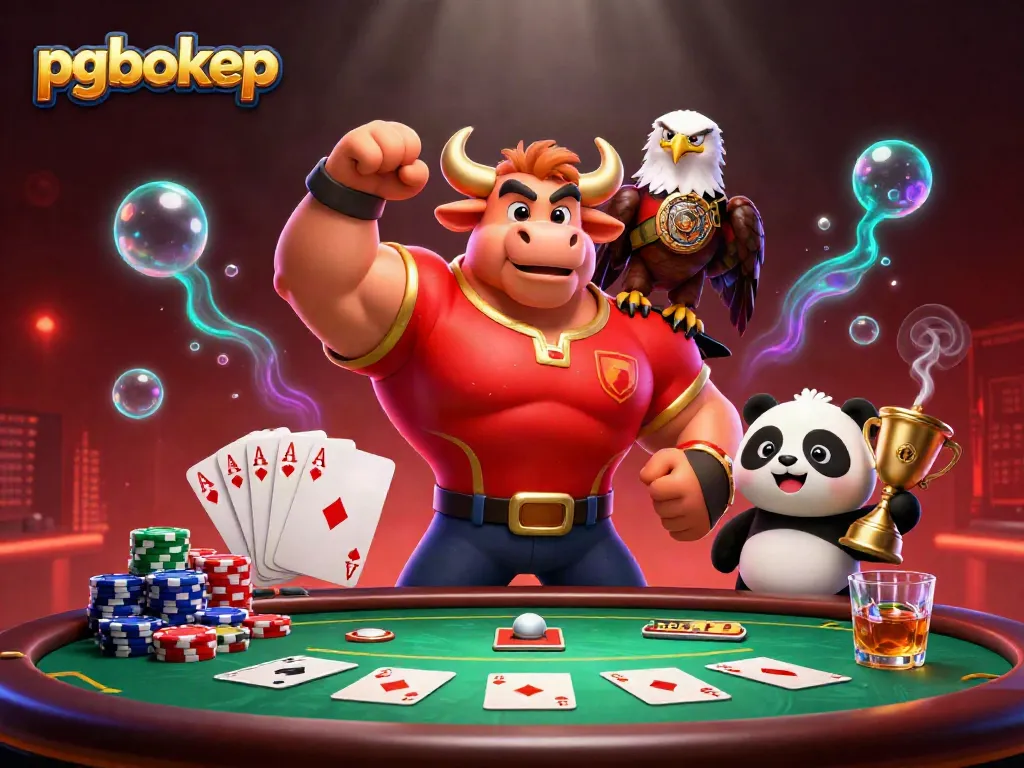 Win big with pgbokep's vibrant poker scene featuring a bull mascot and cheerful characters.