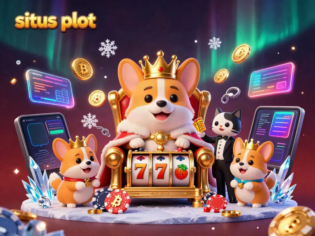 Ilustrasi 3D situs slot menampilkan corgi kerajaan dengan mahkota emas dan kucing butler di tengah simbol slot.