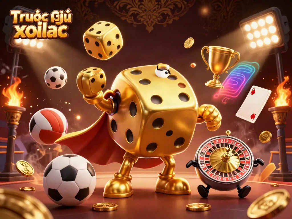 Experience the thrill of live sports betting at Trực Tiếp xoilac with golden characters juggling dice and sports elements.