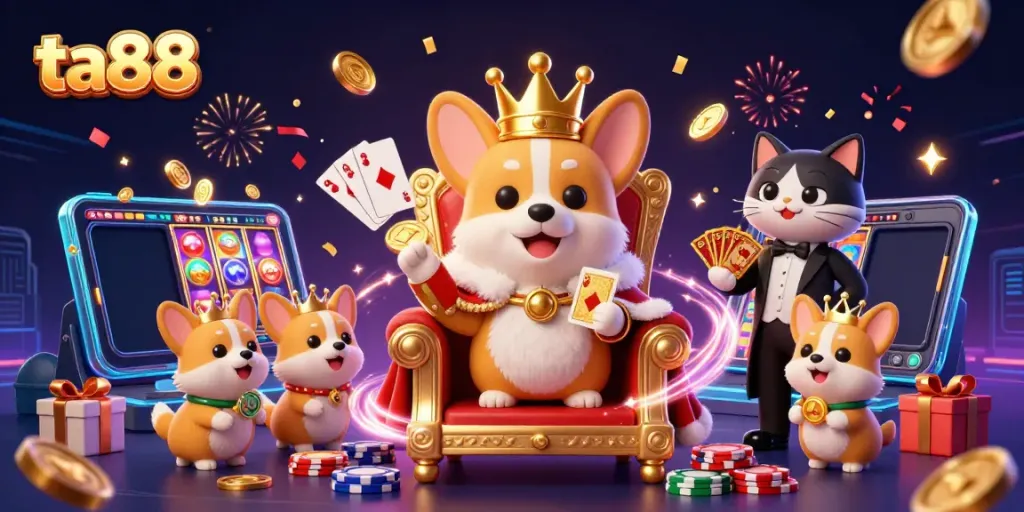 Engaging ta88 scene of a royal corgi and butler with slots and poker elements, celebrating casino vibes.