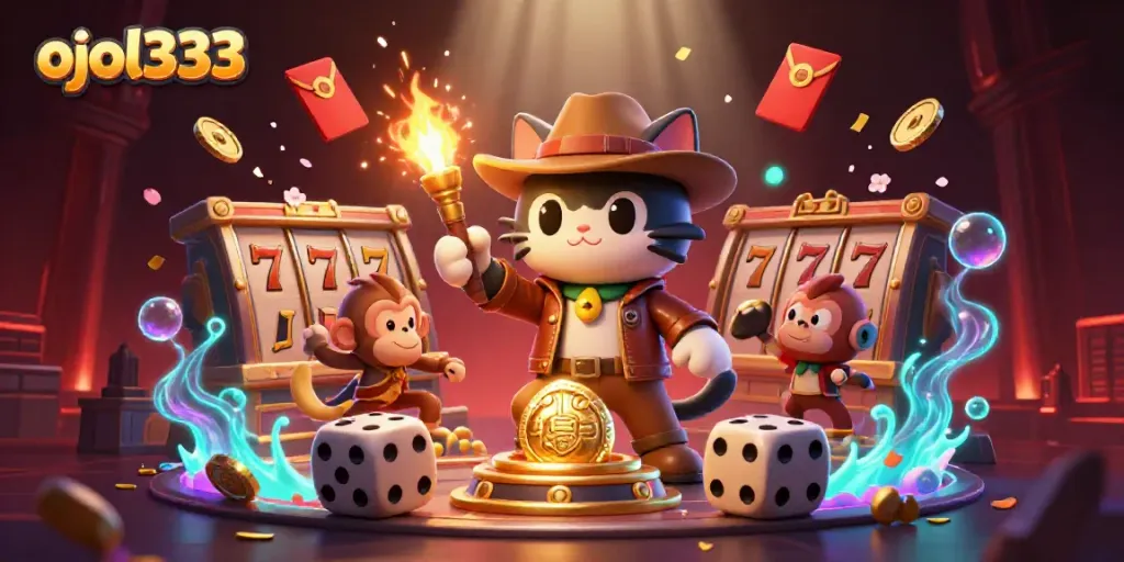 Engage with the dynamic world of ojol333 featuring an explorer cat unearthing treasures in a vibrant casino temple.