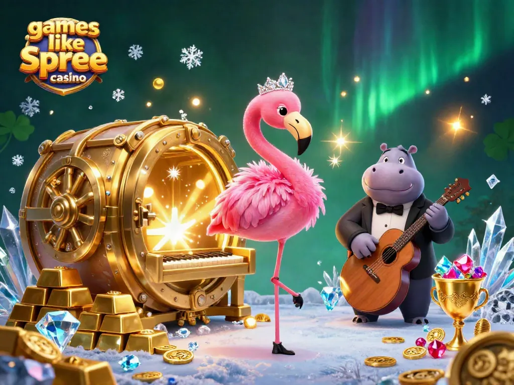 Play exciting slots and games like spree casino in a vibrant 3D casino scene filled with treasures.