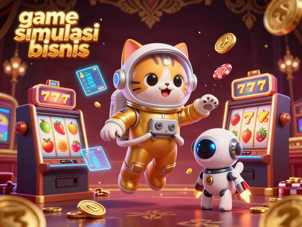 Gambarkan game simulasi bisnis dengan karakter kucing astronot dan robot menciptakan suasana kasino yang menarik.