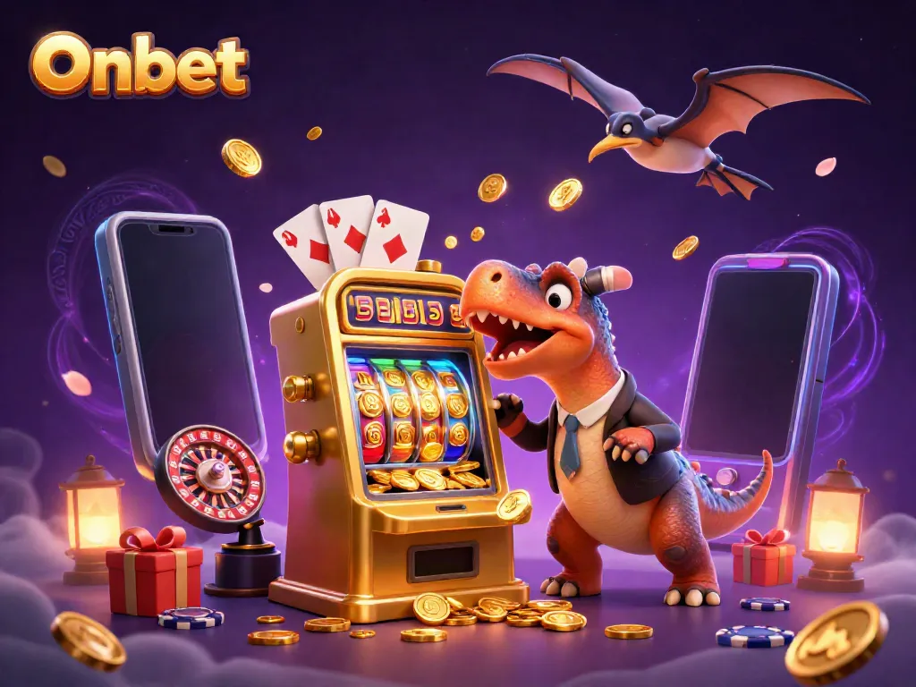 Onbet's dynamic scene featuring a pachycephalosaurus winning jackpot coins from a slot machine amidst vibrant casino elements.