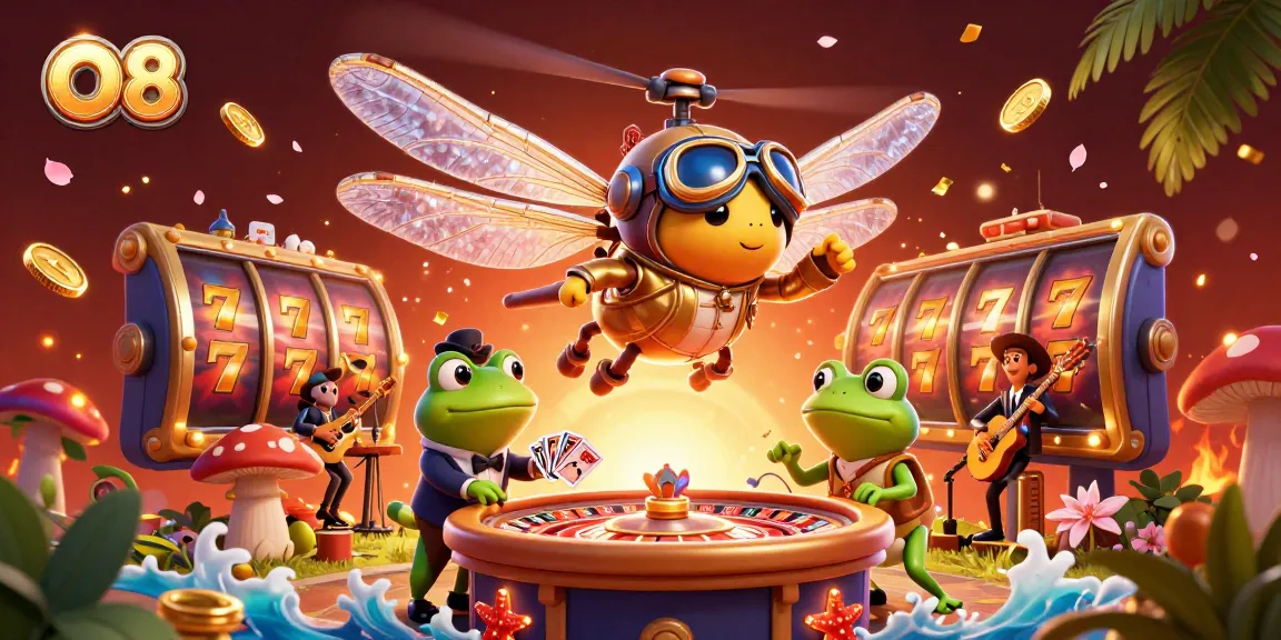 O8 gambling scene with a cartoon dragonfly pilot, frog dealer, and slot reels spinning.