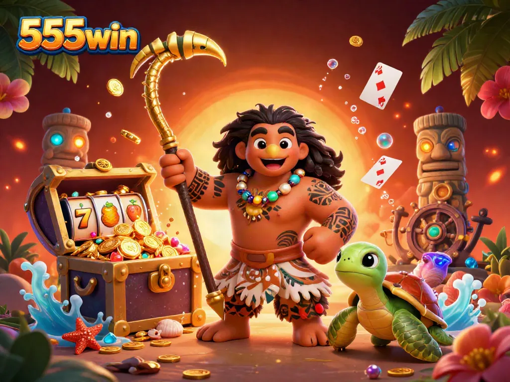 Experience the thrill of winning with 555win, featuring vibrant slot action and detailed tropical scenery.