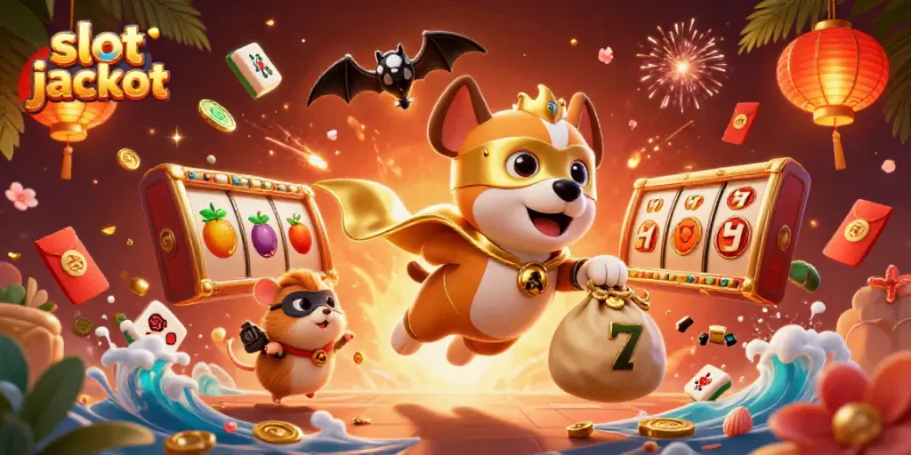 Experience the excitement of a slot jackpot with this colorful 3D illustration of a superhero dog and hamster in a vibrant casino setting.