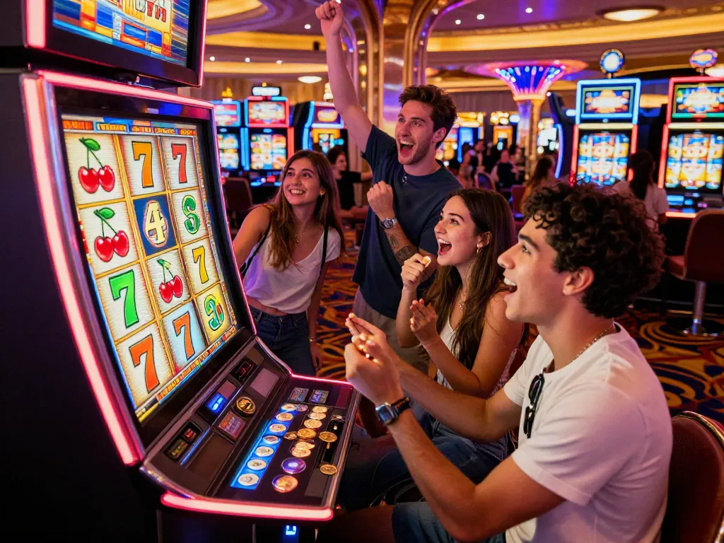 Diverse players enjoying the excitement of Lucky777 slot machine in a vibrant casino setting, surrounded by colorful lights and joyous atmosphere.