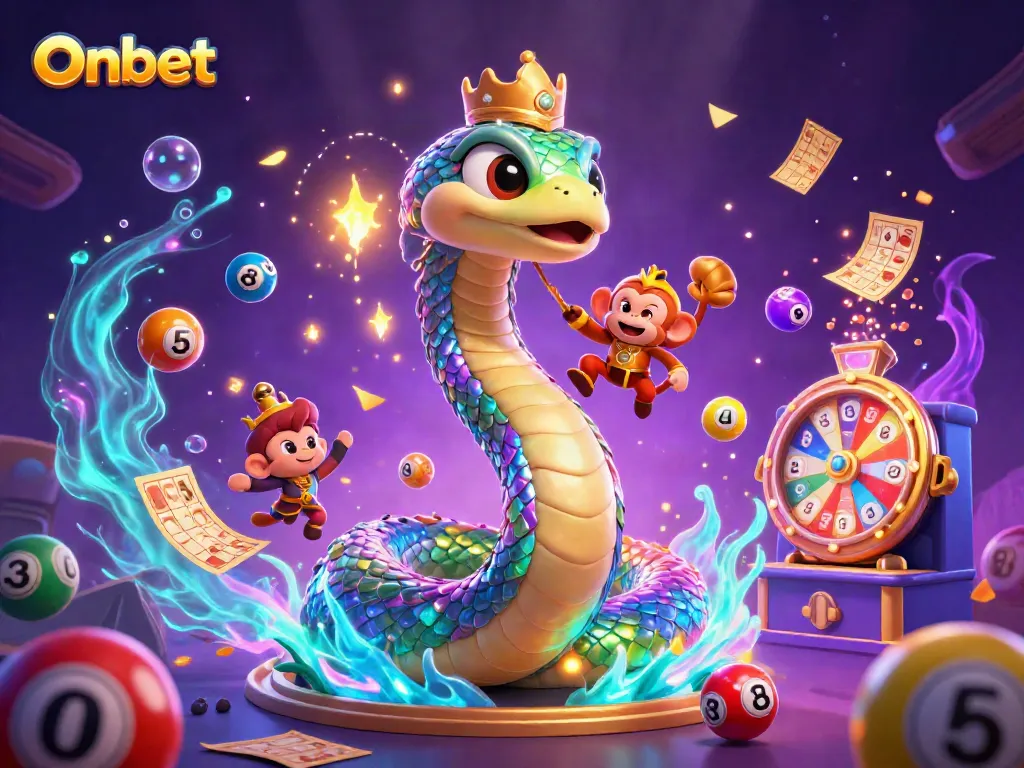 Join the excitement at Onbet with vibrant lottery balls and magical elements in this immersive scene.