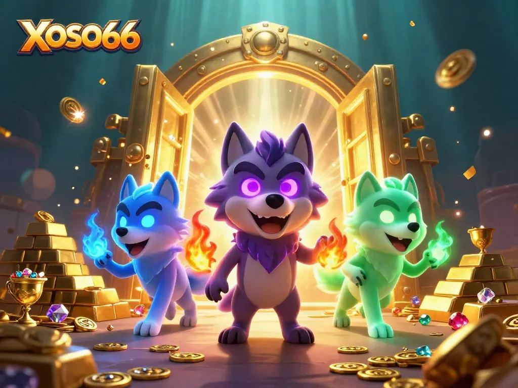 Experience the thrill of XOSO66 with a vibrant 3D casino scene featuring spectral wolf characters and treasures.