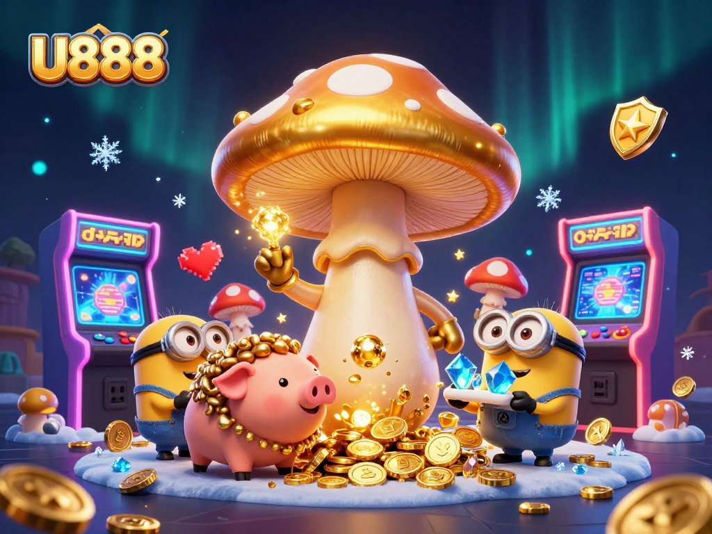 Experience U888's magical 3D gaming adventure, showcasing golden treasures and arcade excitement.