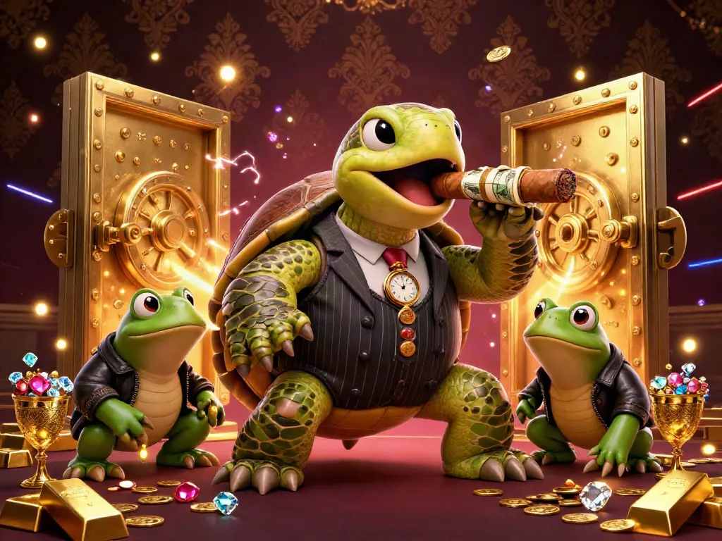 Experience thrilling casino action with Bengkel 69's engaging illustration featuring a mobster turtle and bullfrog enforcers.
