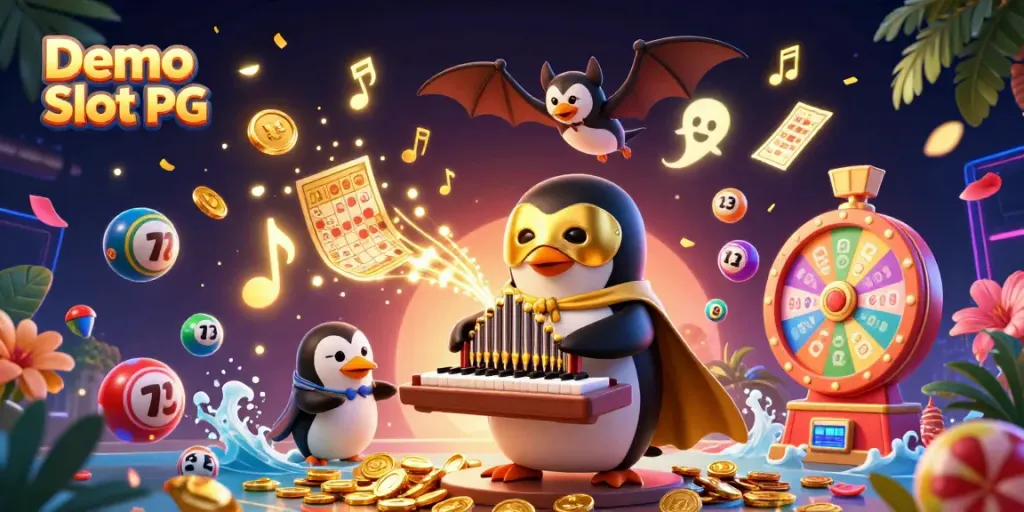 Experience the thrill of Demo Slot PG with a dynamic scene featuring whimsical characters and vibrant casino elements.