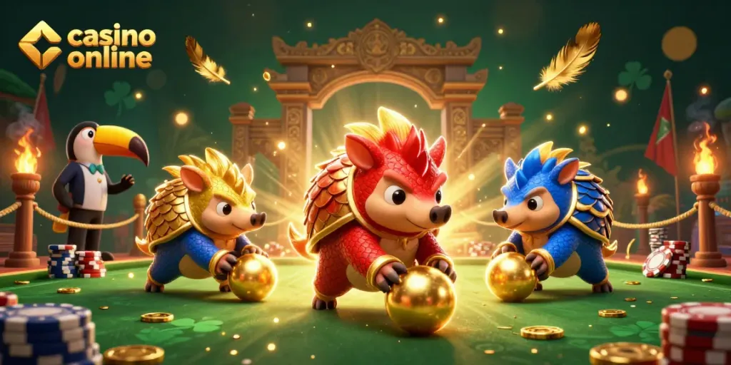Rasakan keseruan permainan casino online dengan pangolins yang bertarung dan tumpukan chip poker yang dinamis.