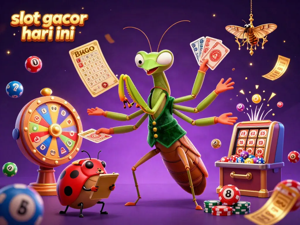 Experience vibrant slot gacor hari ini action with a giant praying mantis dealer and colorful casino elements.