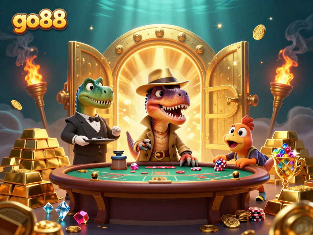 Go88 gamblers enjoy blackjack with a velociraptor, stegosaurus pit boss, and treasure elements.
