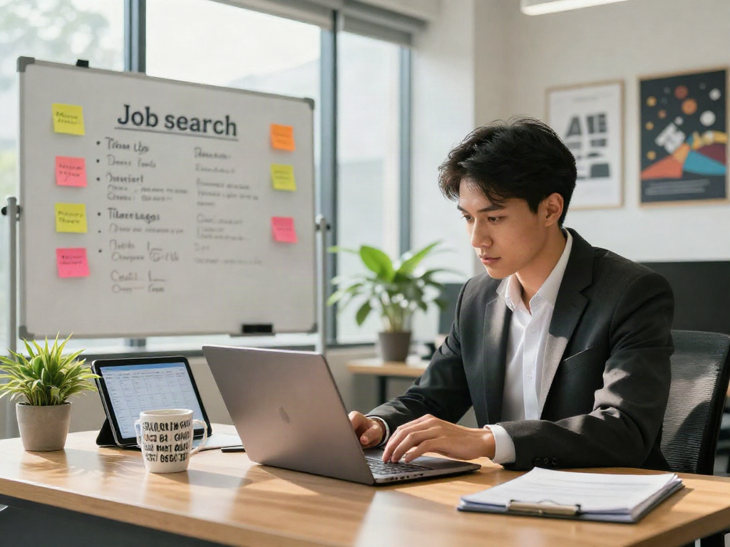 Job seeker reviewing job listings, showcasing หางาน in modern office setting.