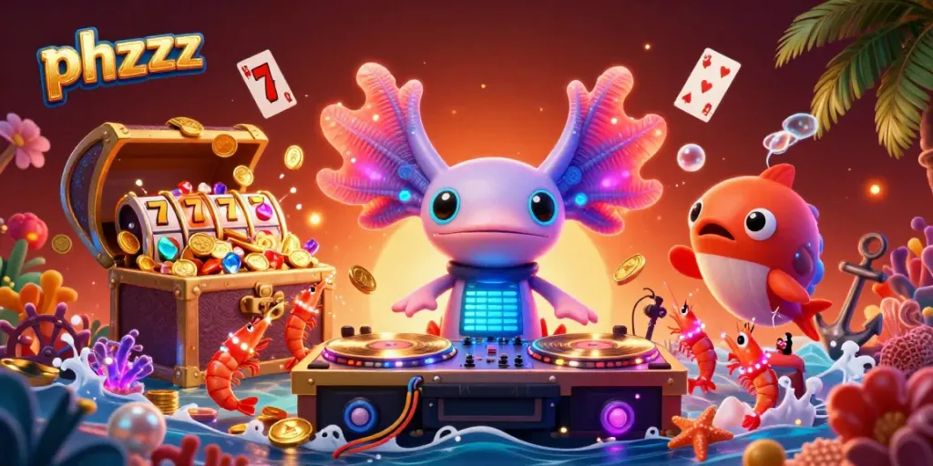 Engage with phzzz gaming excitement featuring neon axolotl DJ and dynamic slot reels.