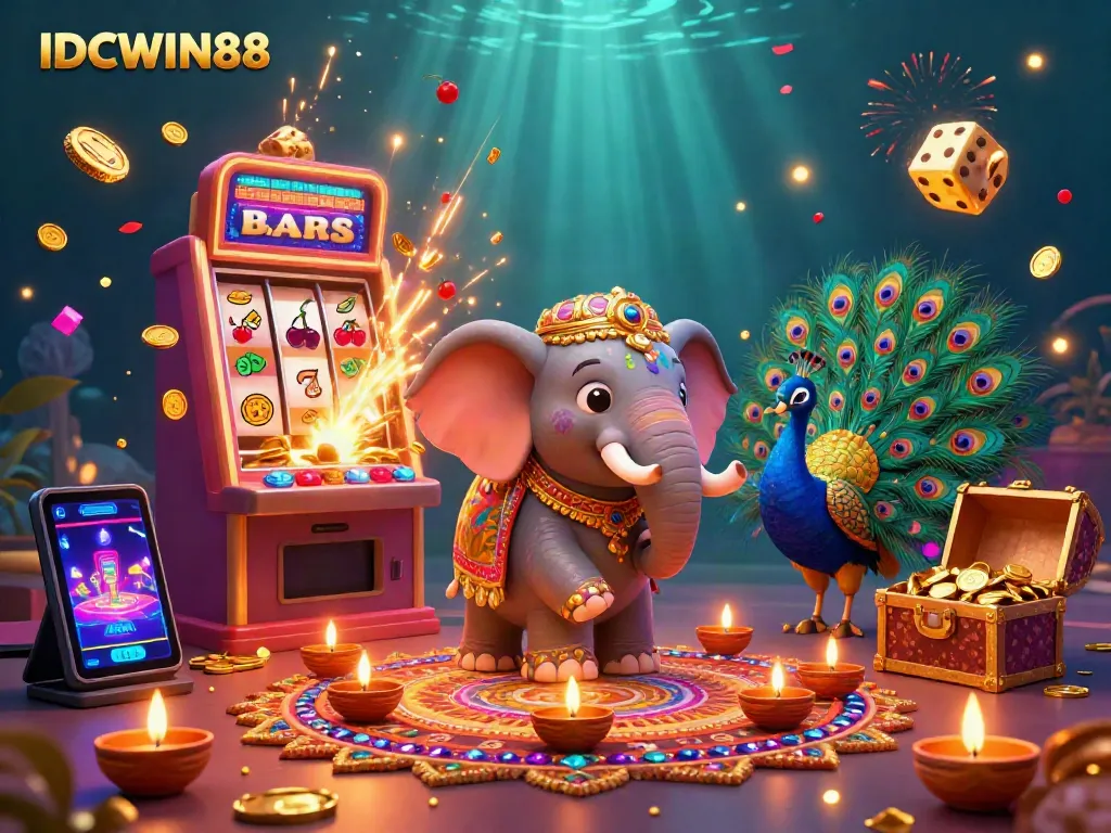 Experience the exhilarating realm of IDCWIN88 with colorful casino elements and vibrant characters.
