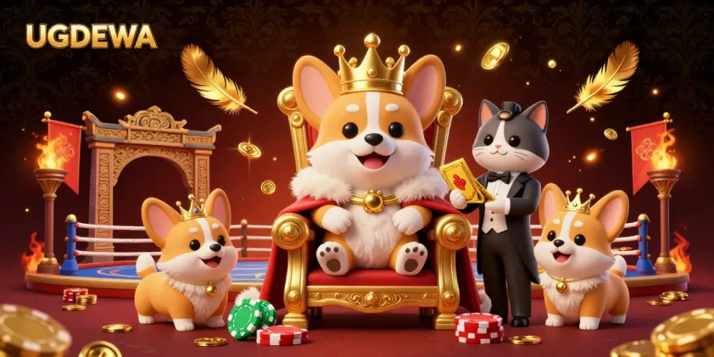 Witness UGDEWA's royal corgi commanding a poker chip throne, surrounded by shimmering game elements.
