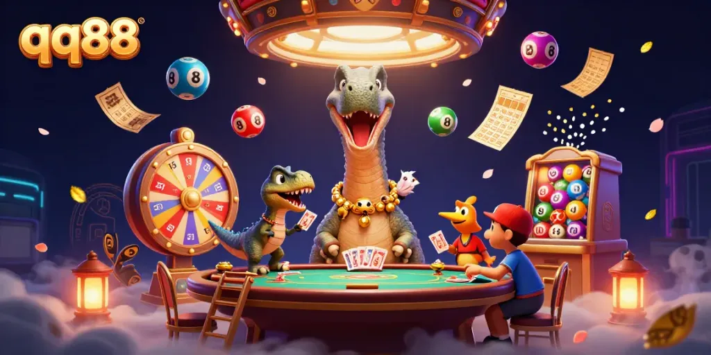 Engage with qq88's vibrant gaming atmosphere through a lively digital illustration.