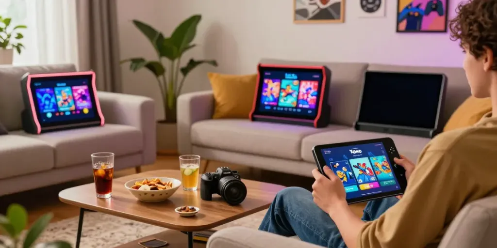 Enjoying Yono Arcade mobile games in a cozy living room setting with snacks and colorful graphics.