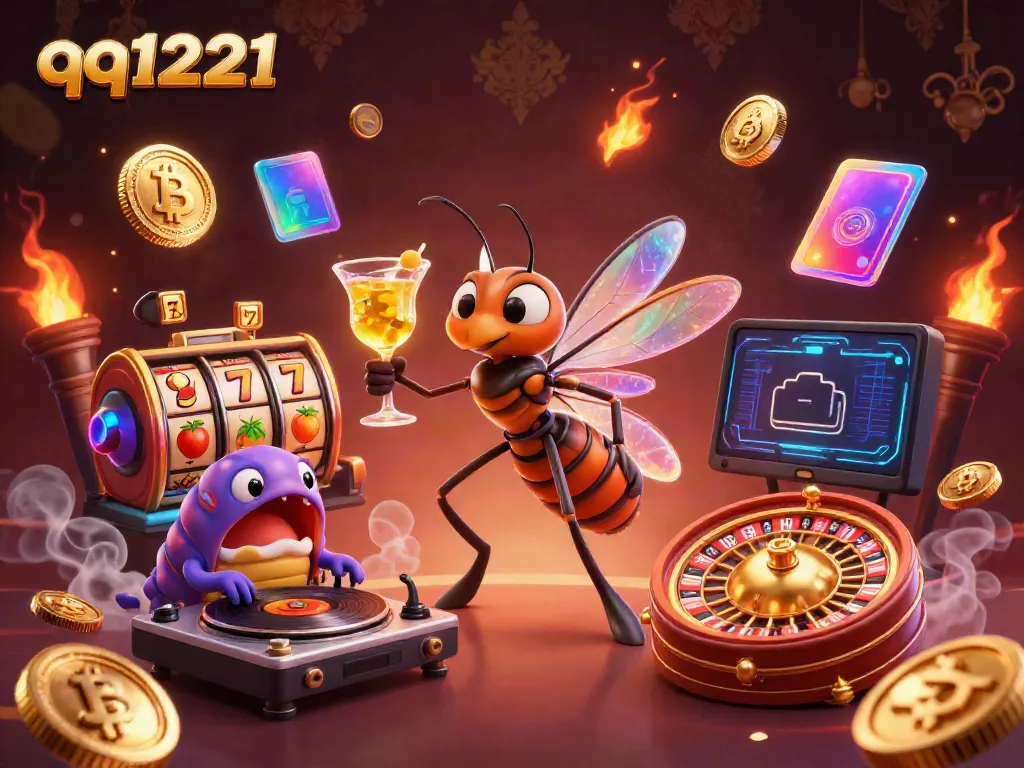 Engage with the exciting qq1221 casino experience featuring dynamic golden elements, slot symbols, and vibrant characters in a luxurious atmosphere.