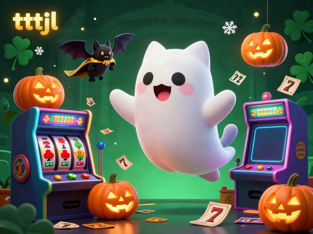 Engage with the tttjl casino realm, haunted by a friendly ghost cat and vibrant Halloween elements.
