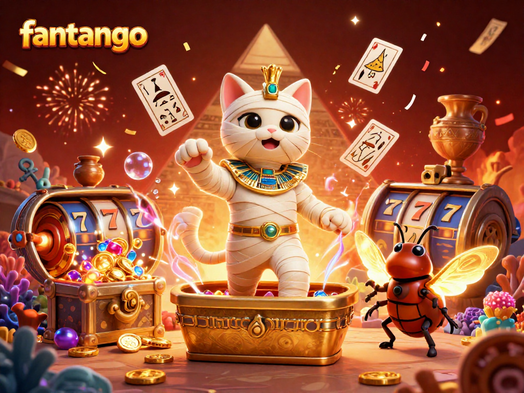 Engage in fantasy with fantango at the vibrant casino featuring a mummy cat and treasures.